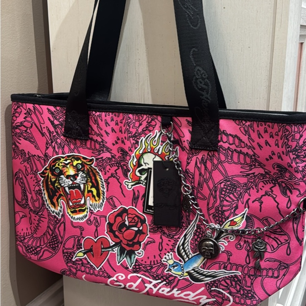 Ed Hardy Vibrant Pink Tote with Graphic Design